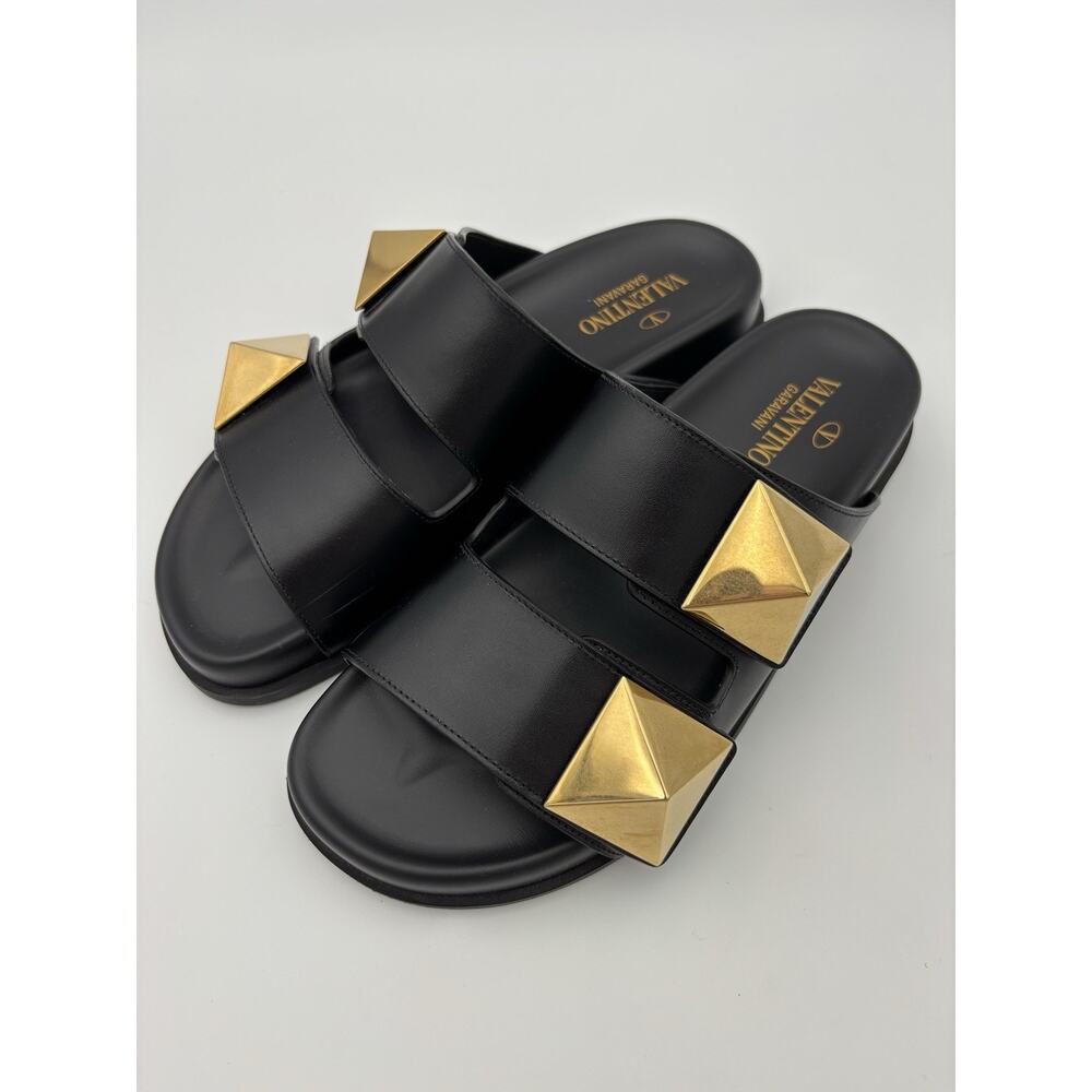 Authentic Valentino One Stud Rockstud Two Strap Sandal Black Gold Size 37.5 Dad - Picture 3 of 16